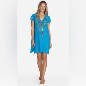 Like New Johnny Was Nohea Blue Linen Floral Embroidered Dress